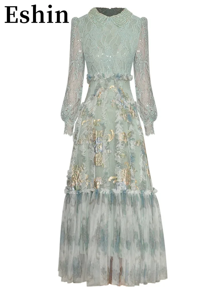 

Eshin Lapel Beaded Long-sleeved Sequin Lace Patchwork Jacquard Printed Ruffle Dress Summer 2023 New Dresses TH3960