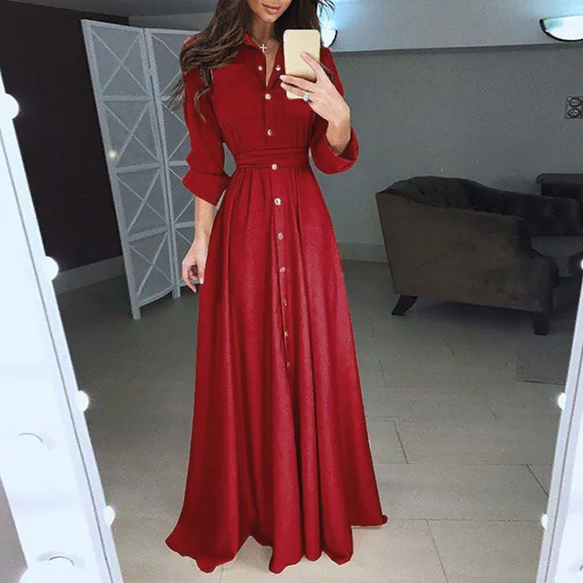 Elegant Show Thin Dress Women'S Summer Solid Dress Maxi Shirt Fashion Long Sleeve Single Breasted Dress Casual Lapel Ropa Barata 1
