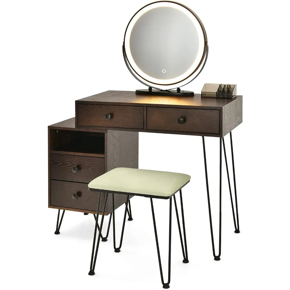 

CHARMAID Vanity Set with 3 Colors Lighted Mirror, Left or Right Side Cabinet, 2 Large Drawers, Lipstick Storage Box, Bedroom