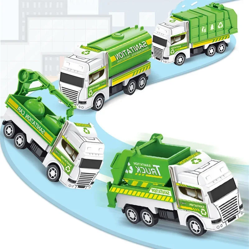 4Pcs/set Mini Inertial Pull Back Sanitation Car Plastic Vehicle Garbage Truck Model Educational Toy for Kids Boy Birthday Gifts 3