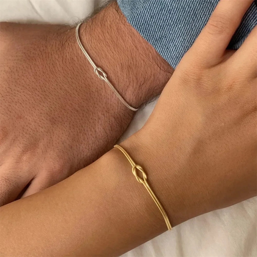 Gold&silver Color Thin Snake Chain Couple Bracelet for Women Men Stainless Steel Knot Double Chains Lover's Bangle Unisex Bijoux