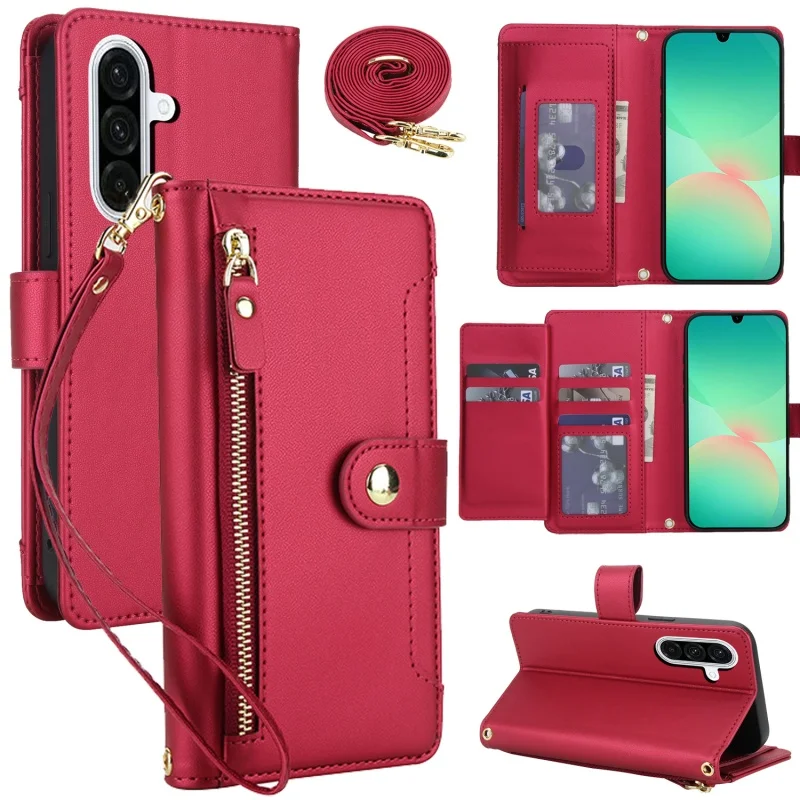 Lanyard Leather Zip Wallet Card Phone Case Cover