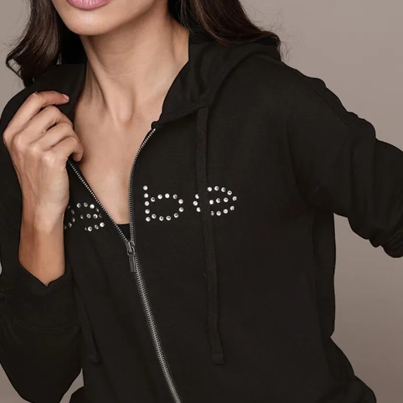 Y2K Rhinestone Letter Zip Up Hoodies Women Autumn Goth Zip Long Sleeve Short Jacket Coats Harajuku Hip Hop Hooded Sweatshirt Top