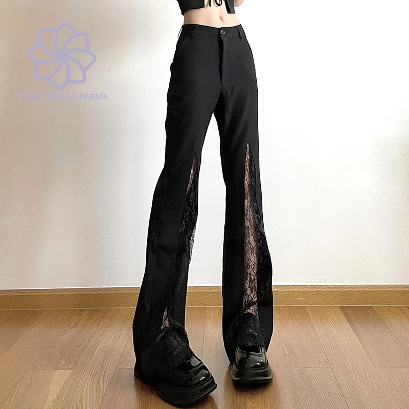 

Black Lace Stitching Micro Flared Pants Women Thin Loose Casual Pants for Women Korean Fashion Solid Trousers