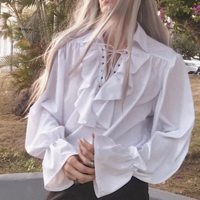 Hugrich Mens Lace Up Pirate Shirt Medieval Vampire Prince Poet Shirts Buccaneer Frills White Black Vintage