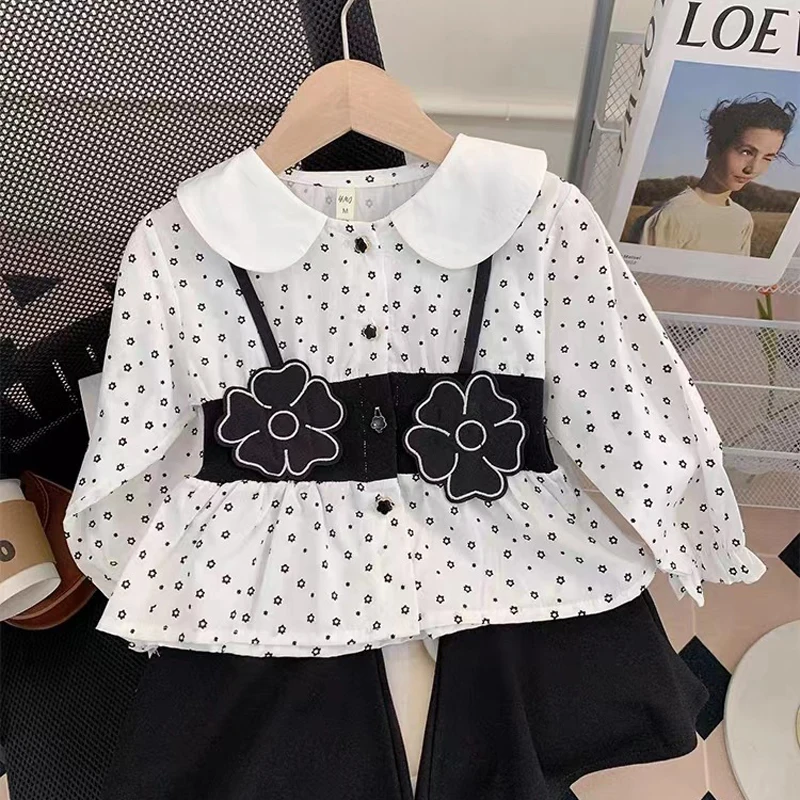 

Spring and Autumn New Girls' Set Flower Treasure Fake Two Cute Long Sleeves Shirt+Bell Pants Fashion Girls Fashion Kids Outfit