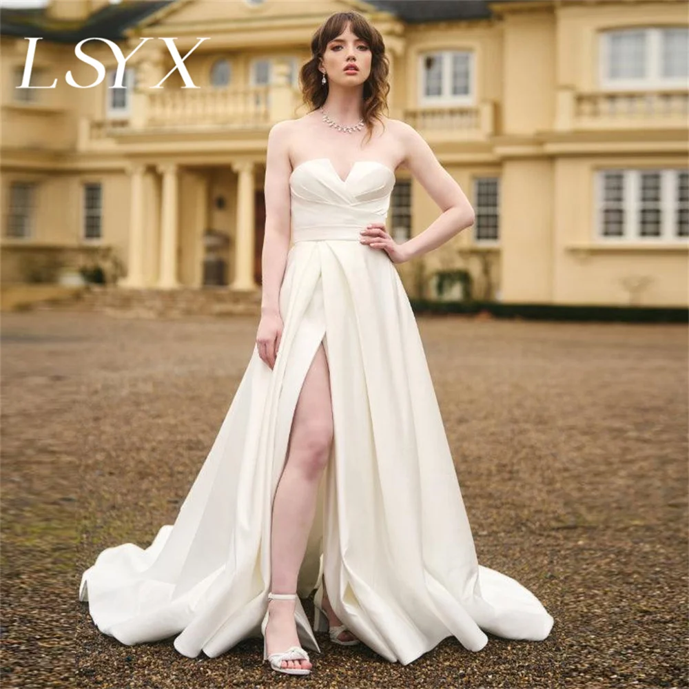 

LSYX Elegant V-Neck Crepe A-Line Wedding Dress For Women High Side Slit Pleats Zipper Back Floor Length Bridal Gown Custom Msde