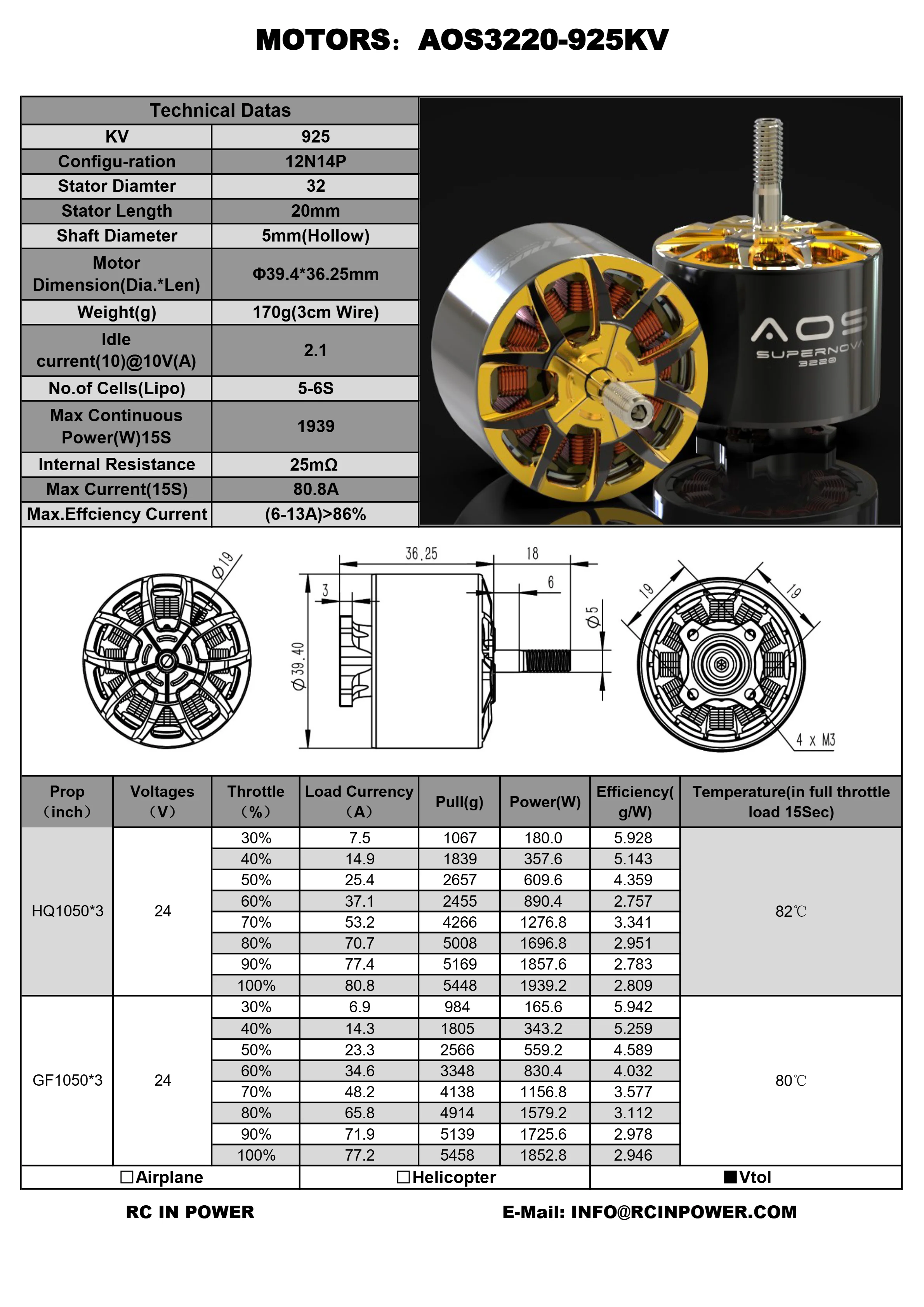 Rcinpower AOS Supernova 3220 Motor-700KV 6-8S 925KV 5-6S Шестерня для крыла/Cinelifter Drone с 10-дюймовым пропеллером 1050 Lifter thumbnail 6