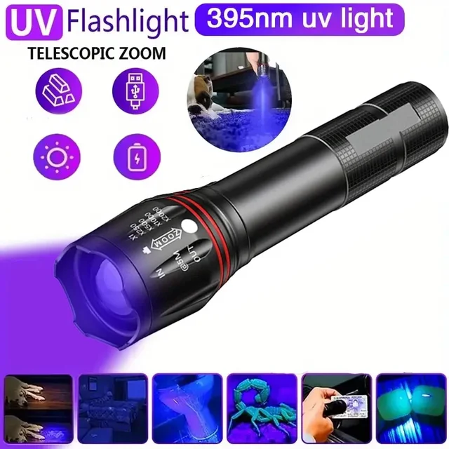 395nm LED UV ไฟฉายแบบชาร์จไฟได้ Zoomable ไฟฉายสําหรับปัสสาวะสัตว์เลี้ยง Stain Detector เครื่องมือโคมไฟเงิน Fluorescer เครื่องตรวจจับ 1