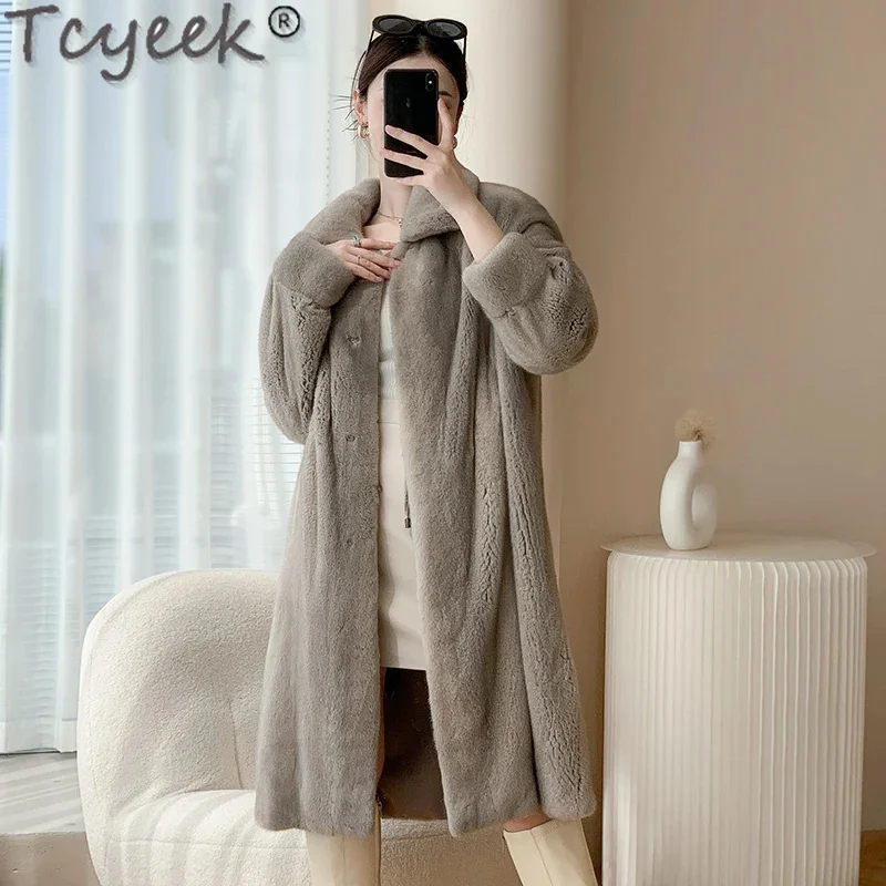 

Luxury Tcyeek Natural Mink Fur Coat Women Mid-length Real Jacket Warm Whole Female Winter Jackets New in Outerwears