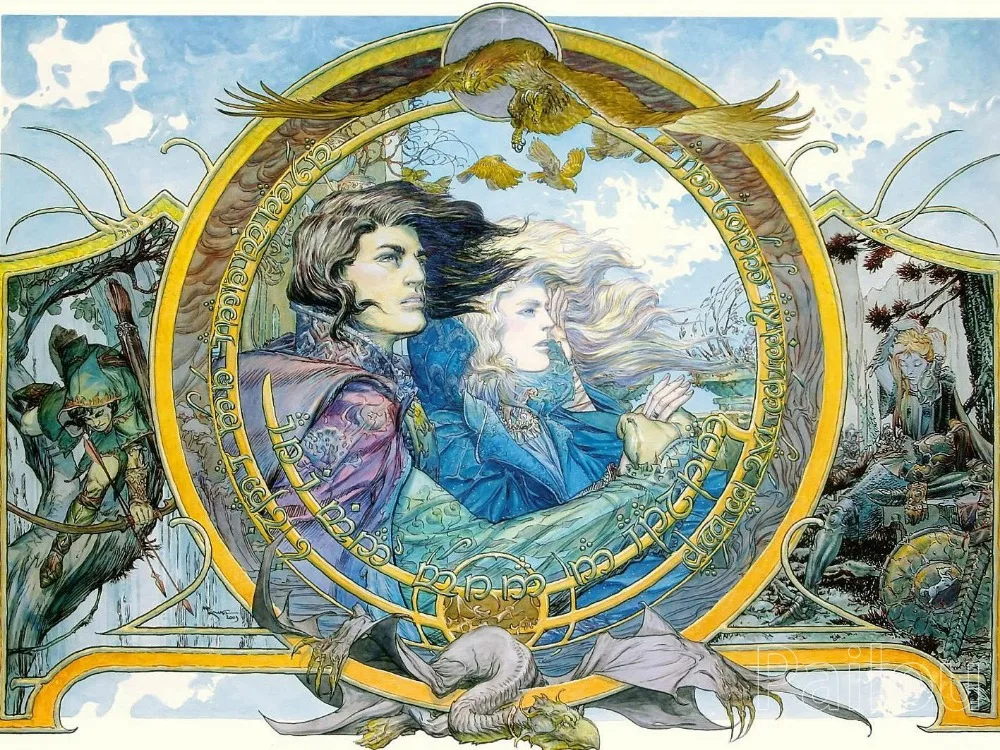thumbnail image 1 of Pintura de diamante 5D con diseño de príncipe elfo y señor de fantasía, anillo con paisaje forestal con árbol y flores, punto de cruz, mosaico, decoración del hogar, 1 of 5
