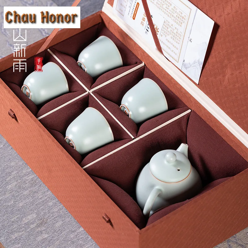 Handmade Ru Kiln Porcelain Pear Shape Tea Set Complete Set Creative Tea Ceremony Set Teapot and Tea Cup Set Tableware Decoration