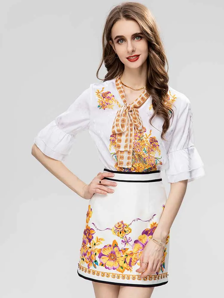 

MoaaYina Fashion Designer Suit Spring Summer Women's Bow collar Flare Short Sleeve Printing Shirt+Crystal Beading Skirt Set