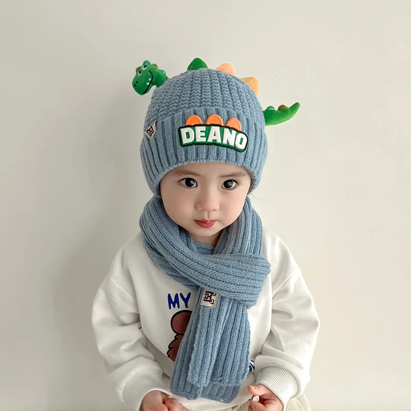 Doitbest Cartoon Warm Hats For Children Kids Beanie Sets Acrylic 3D Dinosaur 2 Pcs Boys Girls Winter Knit Hat Scarf Set Child