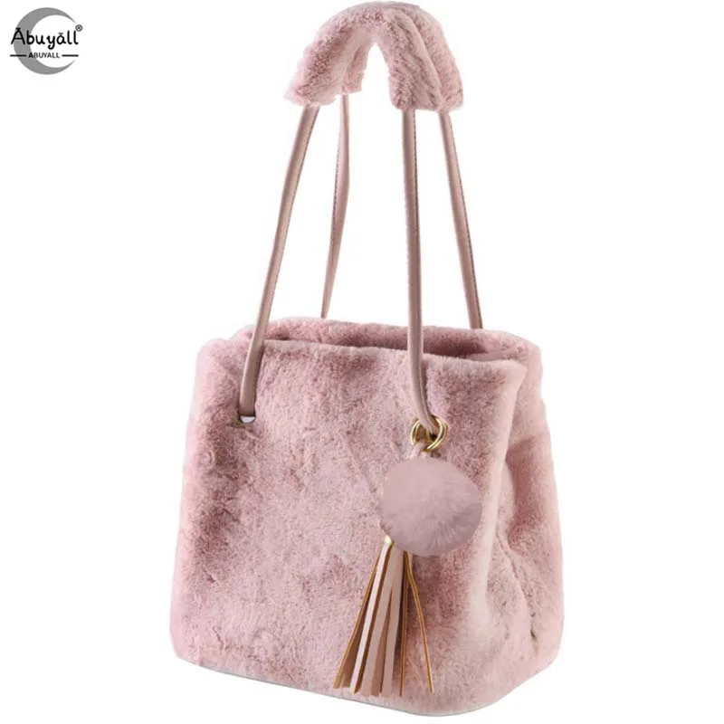

Women Faux Fur Handbag Tote Plush Bucket Design Drawstring Winter Warm Shoulder Bag Fluffy Soft Furry Fuzzy Crossbody Satchel
