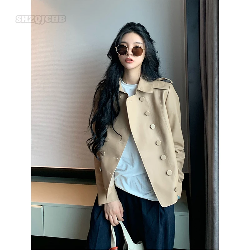 

Женская Короткая кожаная куртка из натуральной овечьей кожи, новый двубортный тонкий женский жакет из высококачественной кожи