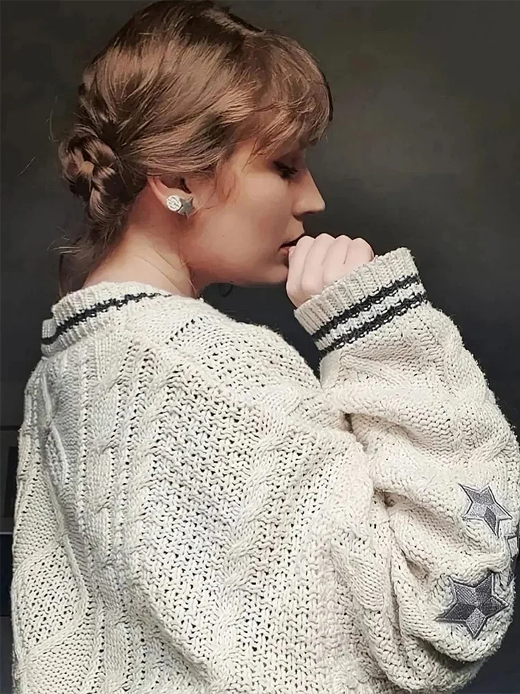 TS Cardigan Star Embroidery Knit Button Up Oversized Folklore Cardigan Sweater Women Unisex Eras Tours Outfit 2