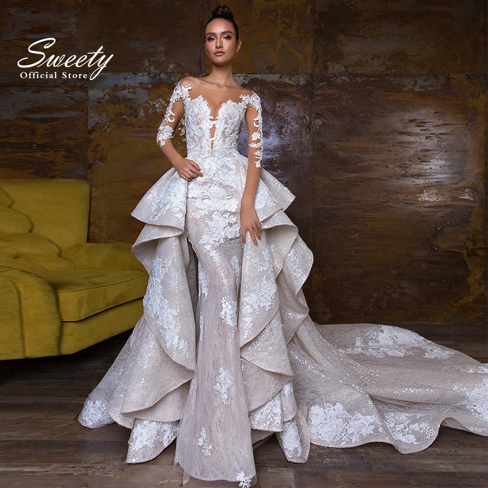 

Luxury Detachable 2 In 1 Wedding Dress Embroidered Lace On Net With Train O-neck Sleeveless Vintage Bride Gowns Vestido De Novia