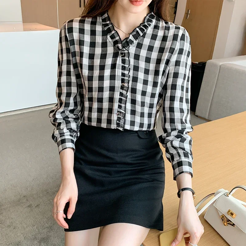

Chiffon Women's Shirts New Vintage Plaid Blouses Loose Spring/Summer O-Neck Ladies Clothing Long Sleeves Fashion Ruffles Tops