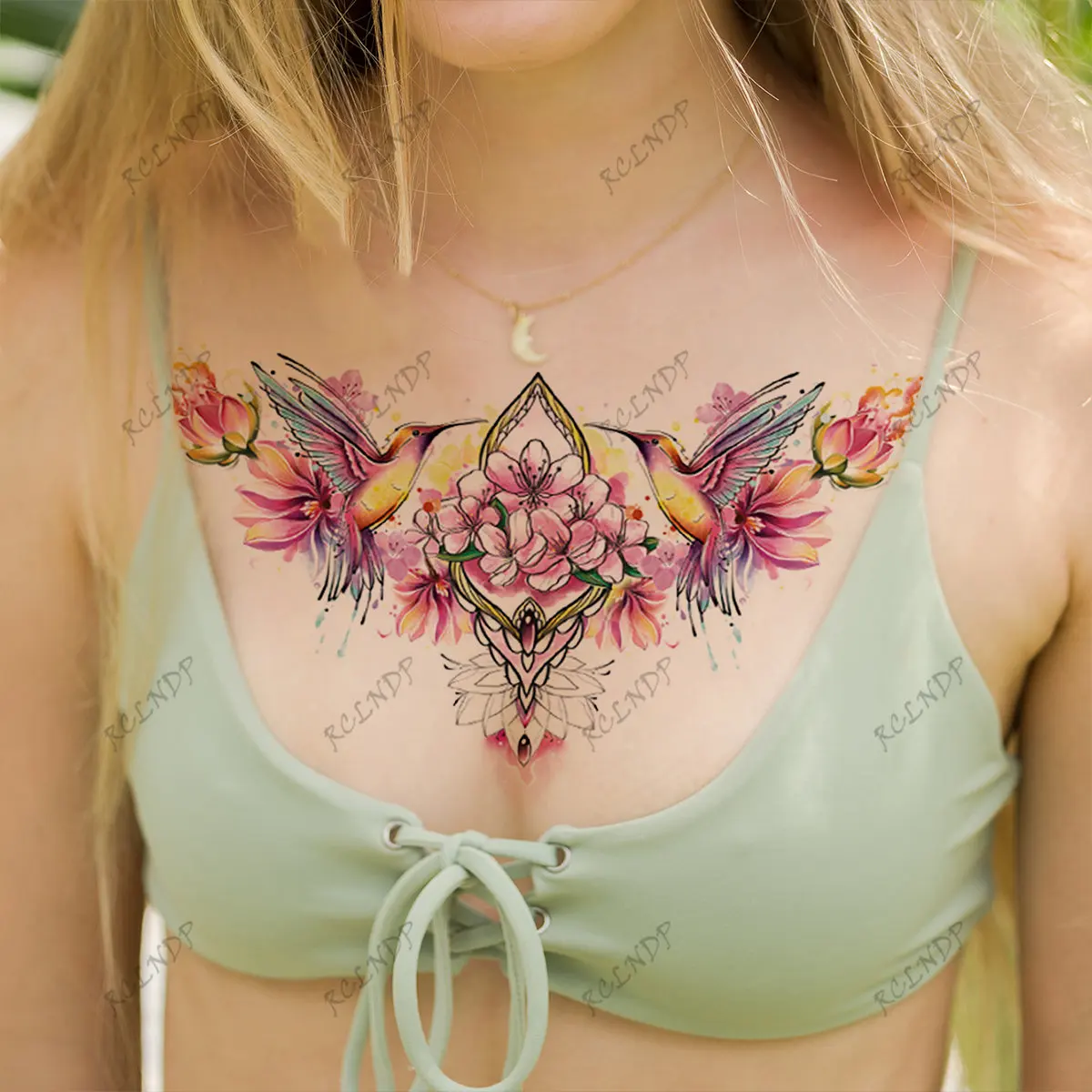 

Водостойкая Временная тату-наклейка, лотос, цветок, колибри, грудь, сексуальные руки, спина, искусственная татуировка для женщин и мужчин