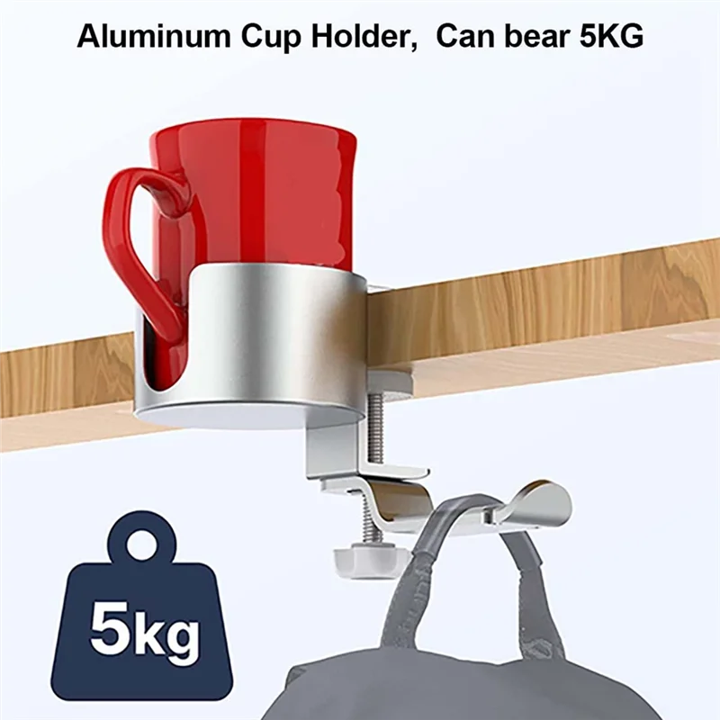Desk Cup Holder Anti-Spill Cup Holder With Headphone Hanger For Desk Or Table Silver