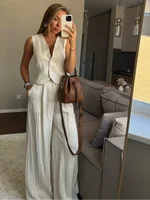 Ensemble gilet et pantalon en coton et lin pour femmes, respirant, sans manches, col en V profond, coupe ample, tenue décontractée pour les déplacements quotidiens, 2025 5