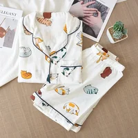 Japanese Summer Ladies New Pajamas Two-piece 100% Cotton Gauze Thin Short-sleeved Shorts Cute Cat Cartoon Home Service Set Women - Image 3