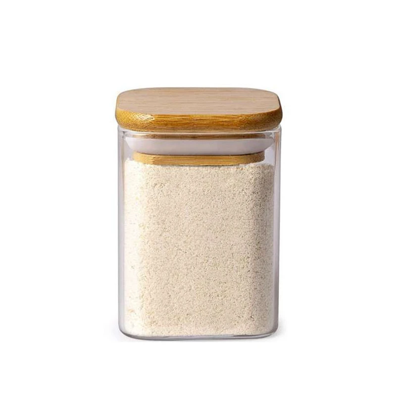 Square Glass Storage Jars with Bamboo Cover, Sealed Glass Bottle, Kitchen Seasoning Pot, 250ml, 6 Units 6
