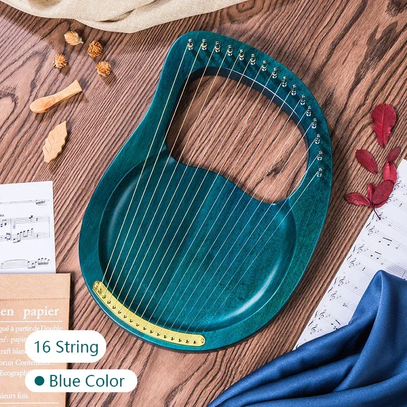 Ice Blue Lyre Harp 16 Strings Piano Musical Instrument Wooden Mahogany Laiya With Pretty Print Metal Strings And Tuning Wrench