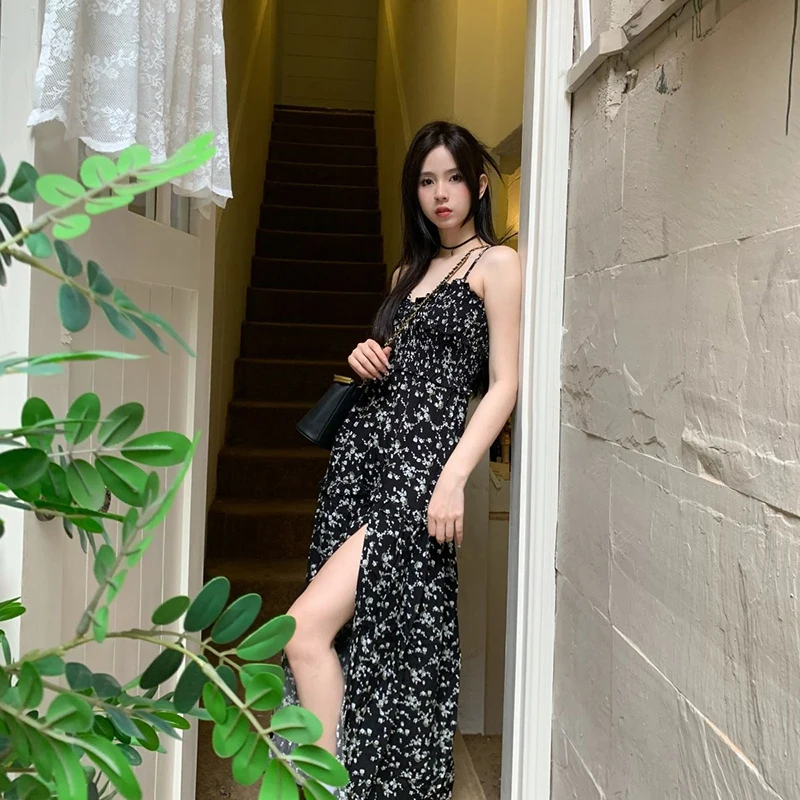 Women's Spaghetti Strap Dresses Drawstring Design Floral Print Slim Fit Long Body | ChicGrl