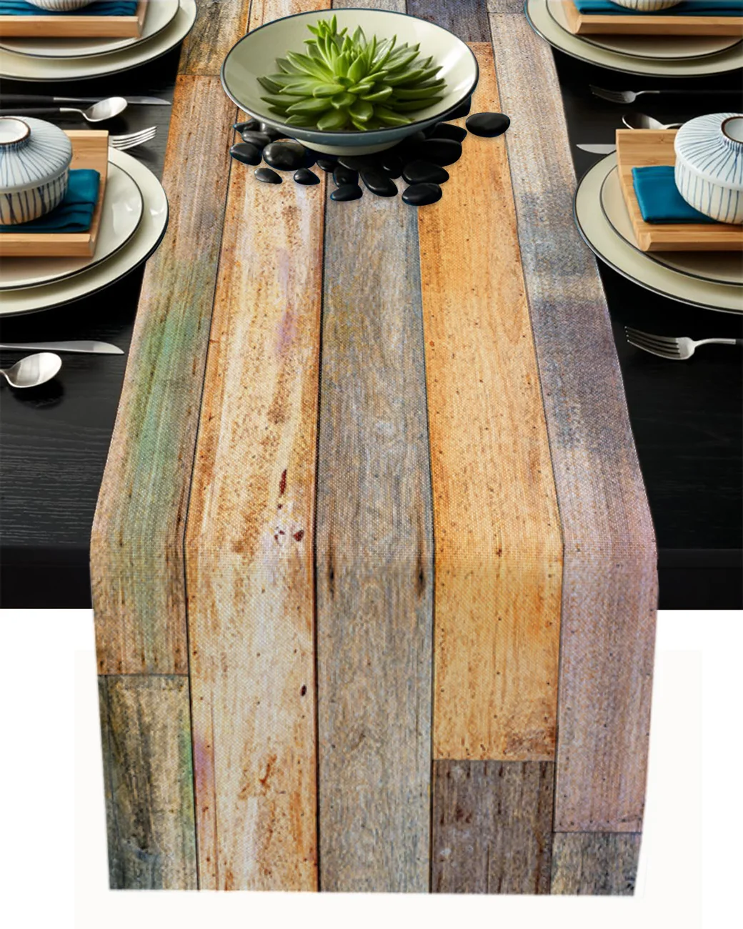 

Vintage Wood Texture Table Runner Wedding Holiday Party Dining Table Cover Cloth Placemat Napkin Home Kitchen Rustic Decoration