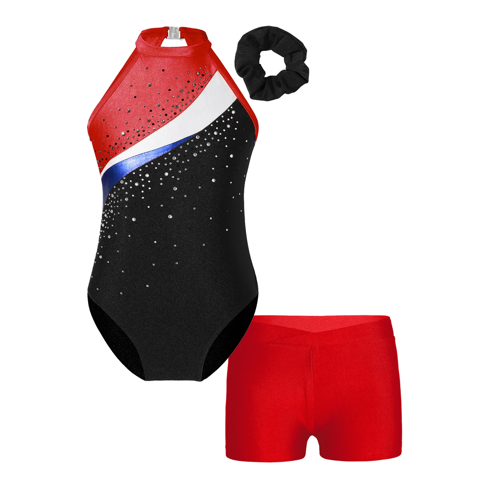 

3PCS Kids Girls Dance Set Performance Costumes Sleeveless Mock Neck Patchwork Leotard with Hair Band And Solid Color Shorts