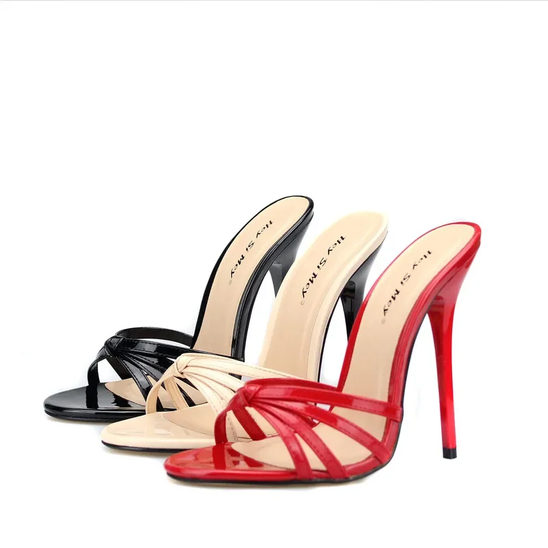 Summer Women 13CM High Heels Sandals Patent Leather Rubber Sole Fine Heel Open Toe Solid Color Women's Slippers platform high heels sandals,women high heels,women slippers