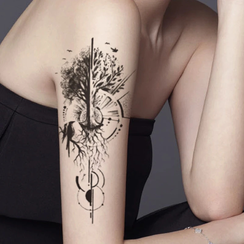 Life Tree Geometric Waterproof Temporary Tattoo Sticker Black Crow Lines Fake Tattoos Flash Tatoos Arm Body Art for Women Men