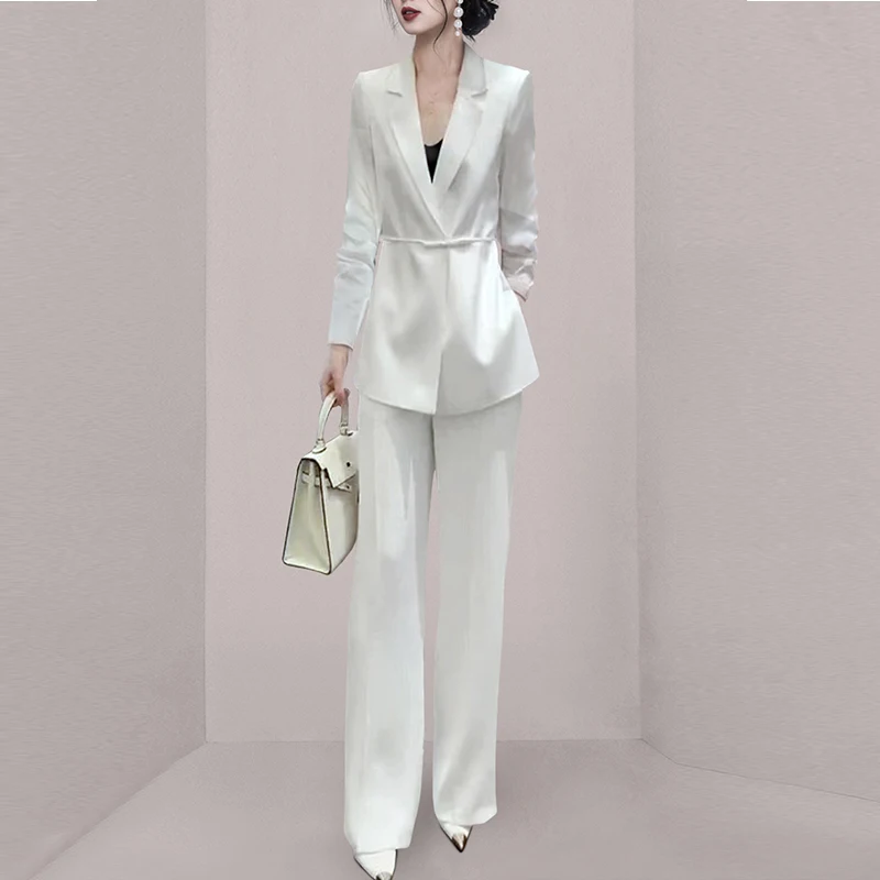 

Newest 2023 Spring Autumn Women Fashion Blazer Coats Jackets White 2 Pieces Set Vintage Wide Leg Pantsuit Female Chic Outfits