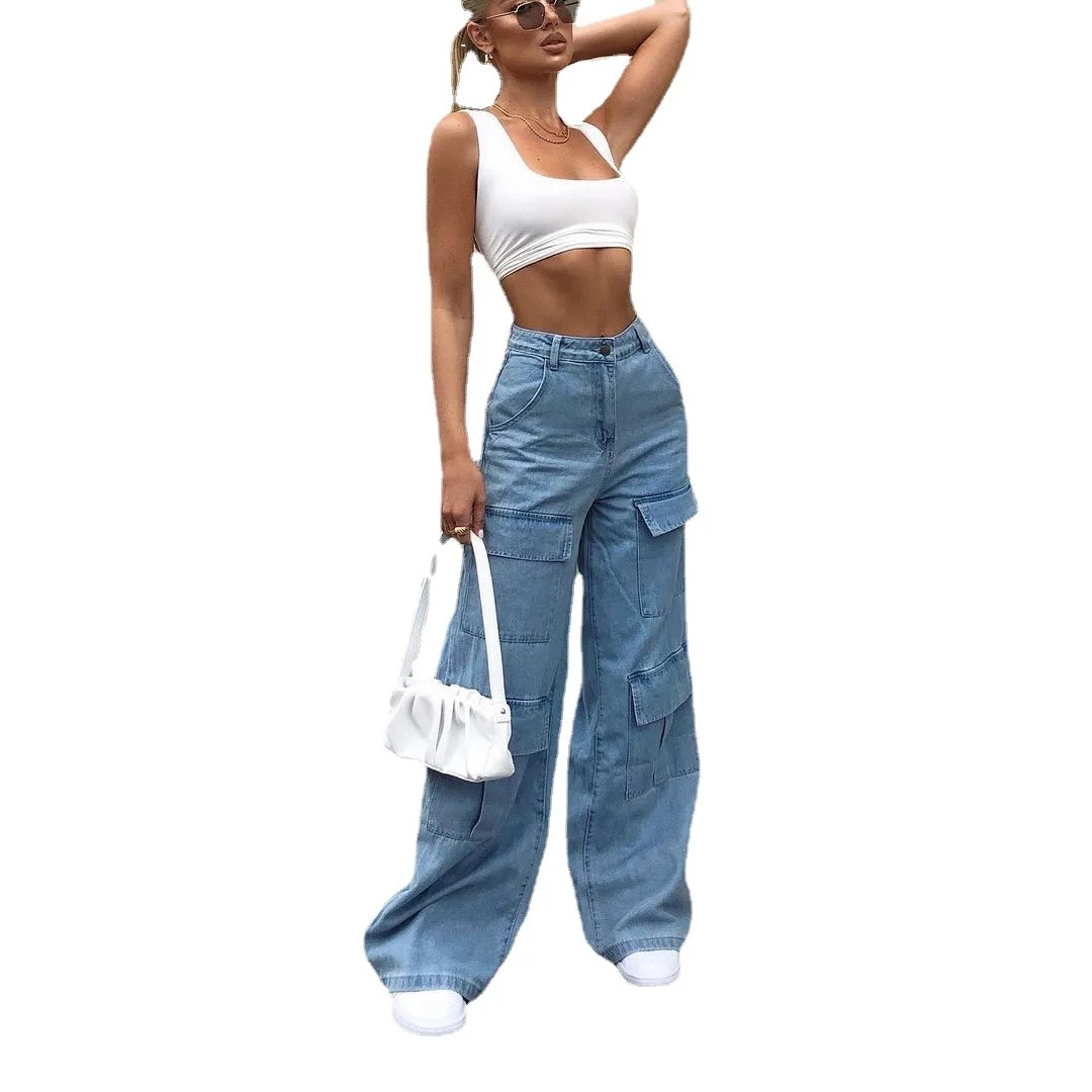 Women Jeans Wide Leg Pants Cargo Denim Ankle Length Mid Waist Washing Zipper Loose Slight Strech High Street Solid Pockets - Image 3