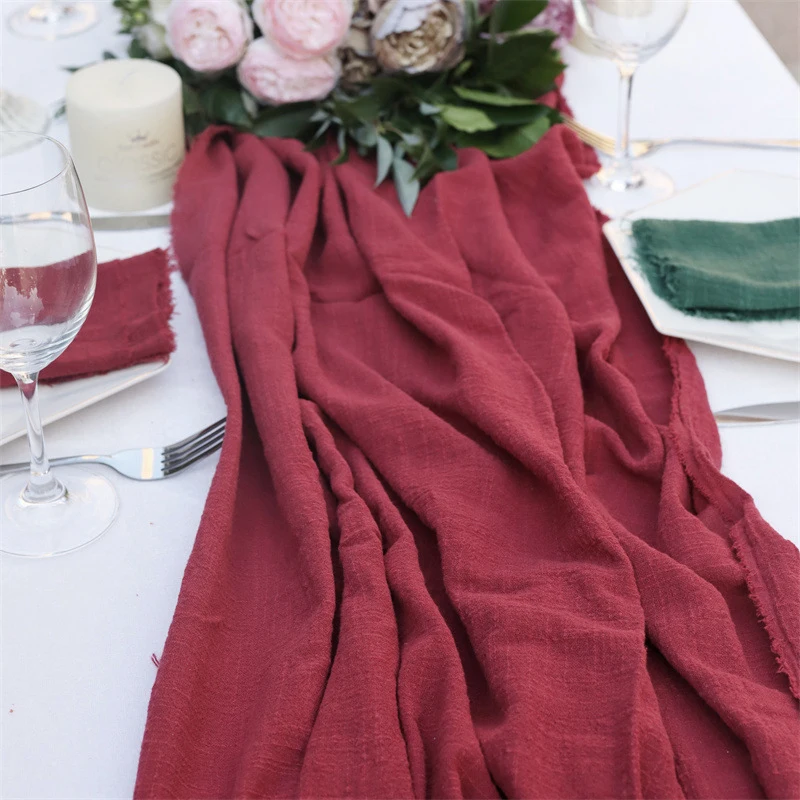 Burgundy Table Runner 100% Cotton Gauze for Wedding Decoration Birthday Parties Christmas Halloween Thanksgiving Events Supplies 6