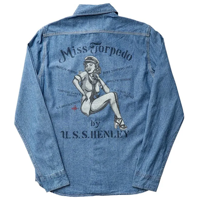 Men's Long Sleeved Denim Shirt Vintage Washed Casual Jeans Shirt Coat Top Male Monroe Printing