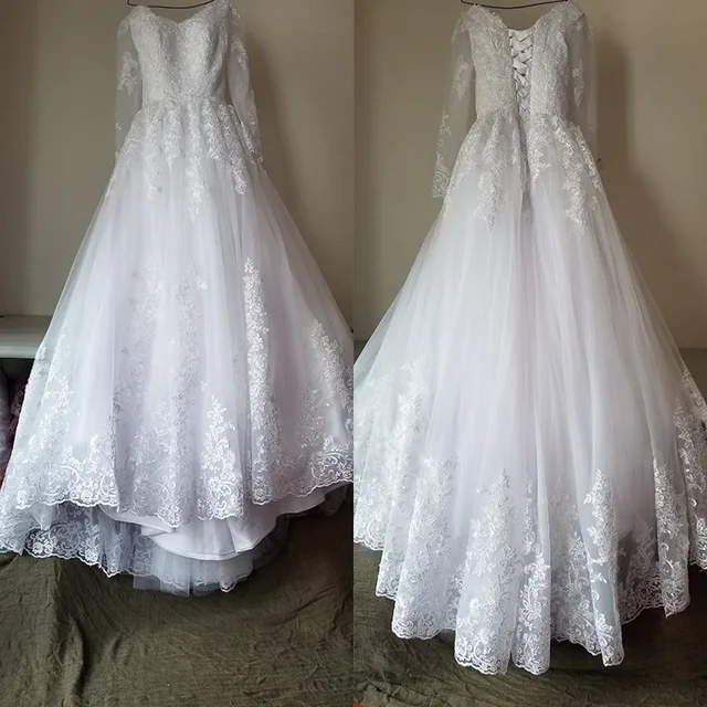 LAYOUT NICEB Ball Gown Long Sleeve Vintage Wedding Dress 2021 Elegant Lace Appliques vestido De Noiva Sweep Train Bride Bridal 2