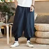 Loose Wide Leg Cotton Linen Men's Casual Pants Drawstring Elastic Leg Harem Pants Retro Style Chinese Style Loose Fit Trousers