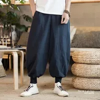 Loose Wide Leg Cotton Linen Men's Casual Pants Drawstring Elastic Leg Harem Pants Retro Style Chinese Style Loose Fit Trousers