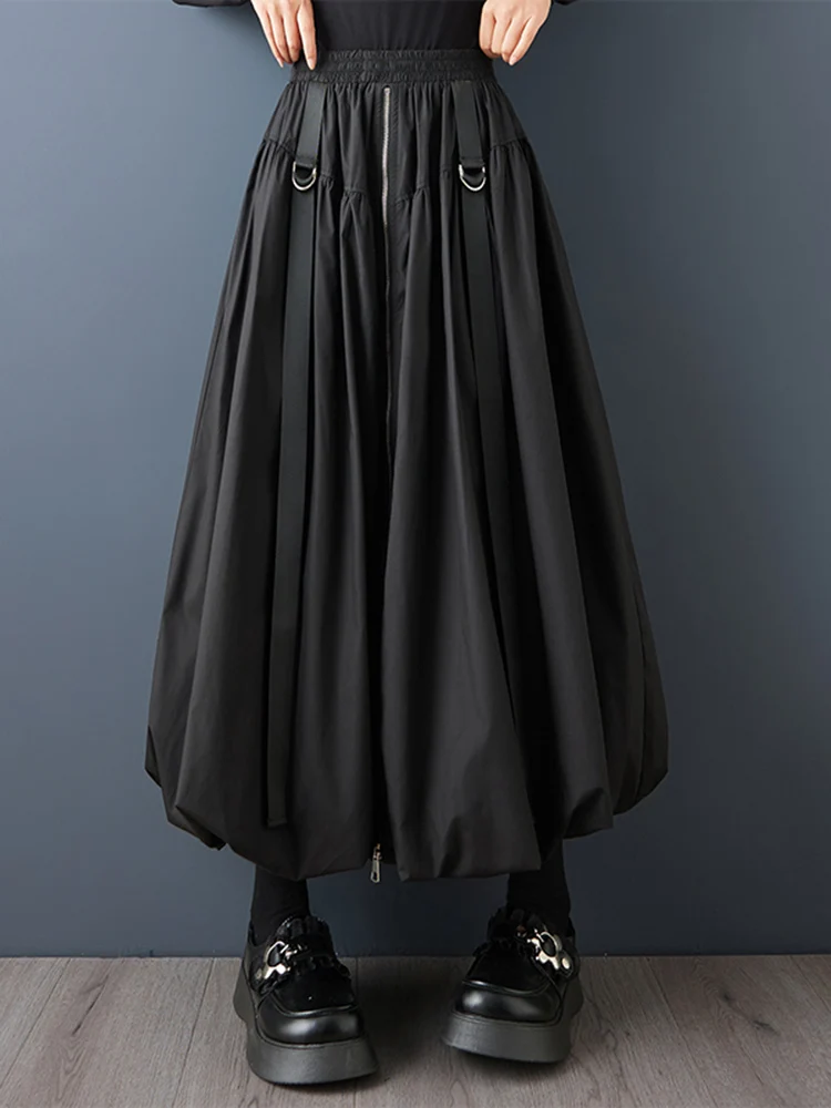 Black Vintage Zipper Pleated High Waist Skirt Women New Plus Size Fashion Loose Casual Long Skirts Clothes Sping Autumn 2025