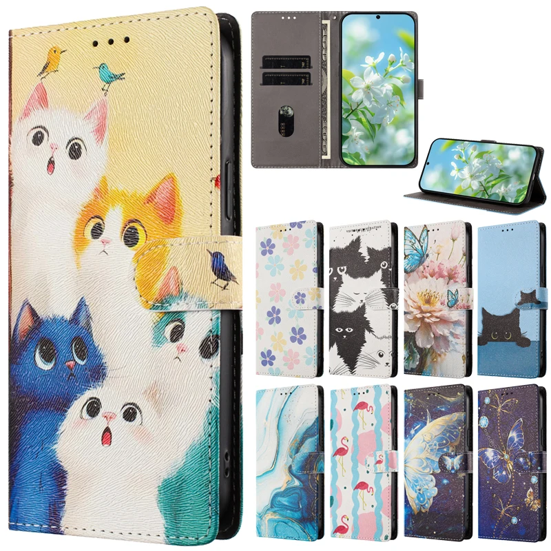 Patterned Leather Flip Phone Case with Cute Cat and Flower Design