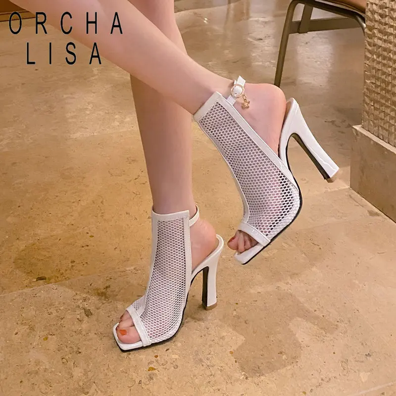 

ORCHA LISA Design Women Sandals Square Toe Chunky Heels 11cm Buckle Strap Breathable Mesh Sexy Party Shoes Plus Size 45 46 47 48