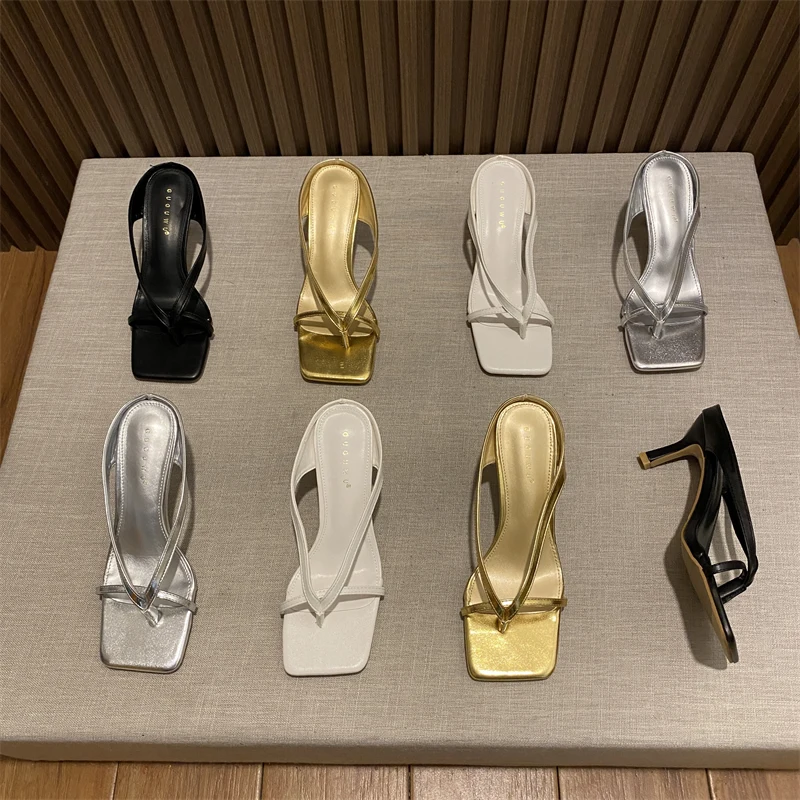 

2024 Fashion Ladies High Heels Shoes Fall Best Street Look Females Slipper Square Head Toe Clip-On Strappy Women Sandals Slides