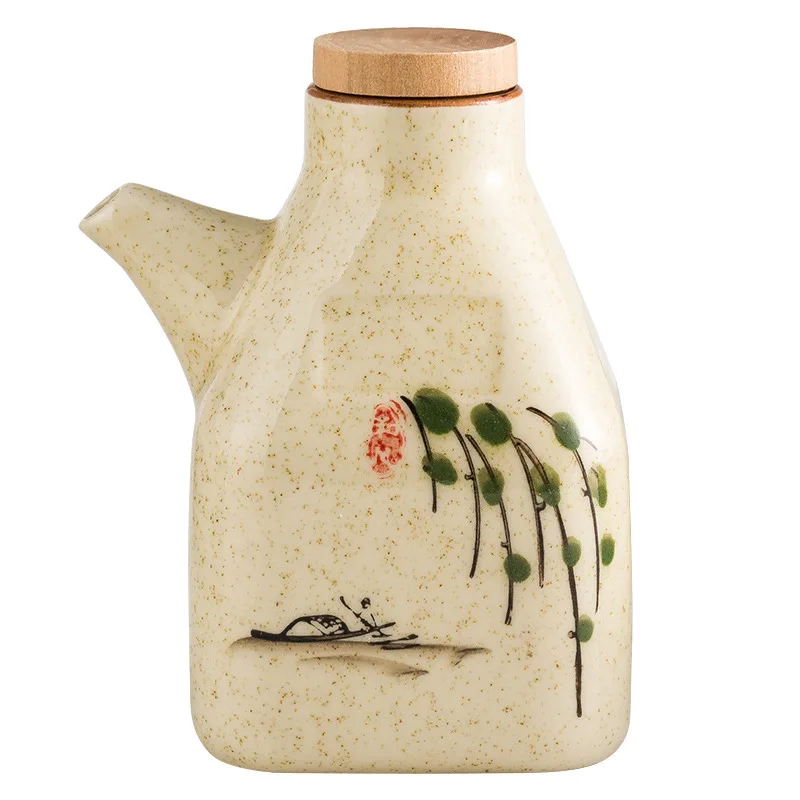 Ceramic Clear Color Oiler Japanese Retro Cuisine Seasoning Bottle with Handle Sauce Boat Vinegar Pot Japanese Style Creative