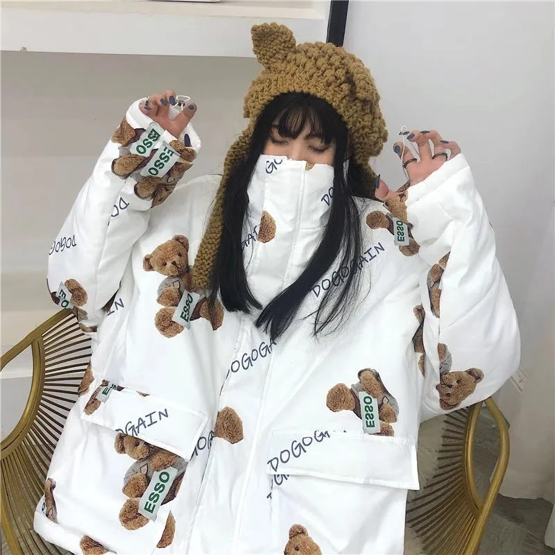 Winter 2022 New Japanese Women's Sweet Coat Cartoon Print Warm Coat Girl Kawaii Hooded Coat Fashionable Female Woman Jacket