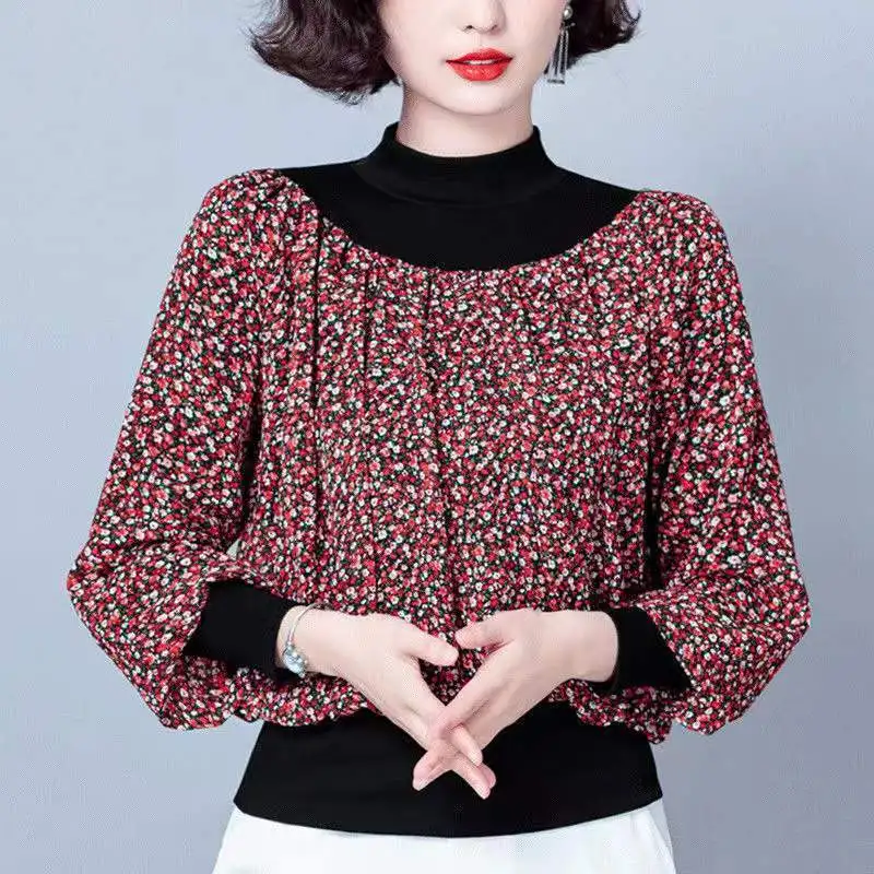 

Elegant Chic Printing Patchwork Tops Female Spring New Fashion Casual Half High Collar Long Sleeve T-shirt Women's Clothing