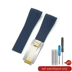 Deluxe Silicone Watch Strap in Black and Green with Curved Interface (20/21mm) - 21mm (Dark Blue - Steel Gold)