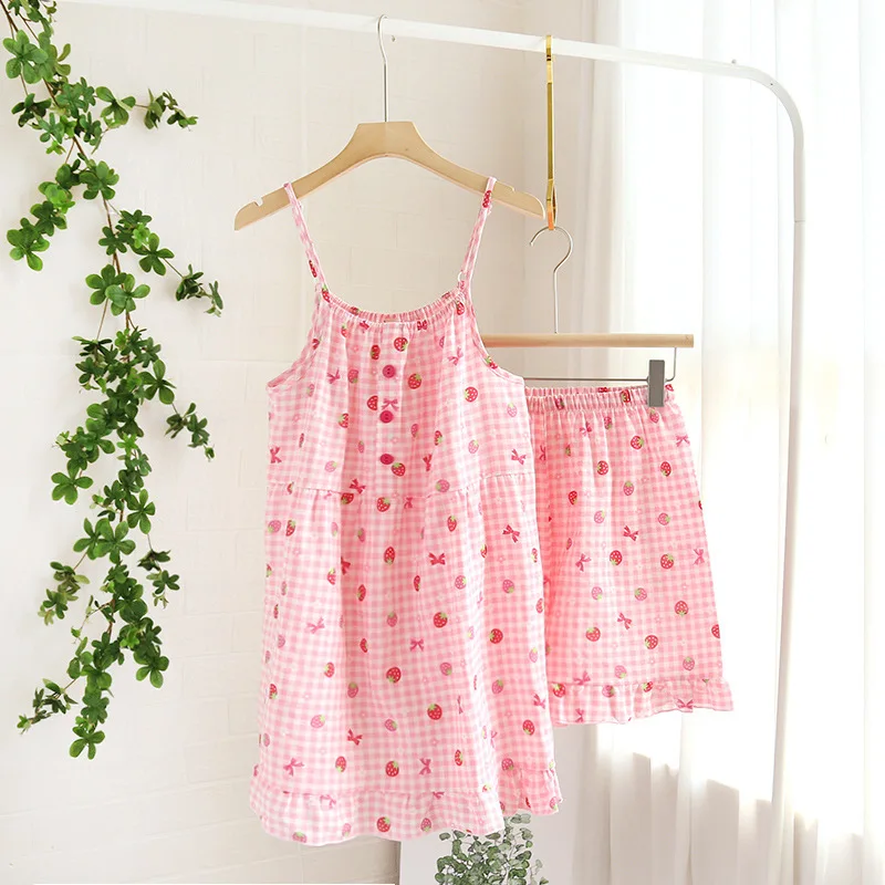 New summer pajamas two-piece ladies suspenders + shorts set 100% cotton gauze small fresh and cool home clothes loose pajamas